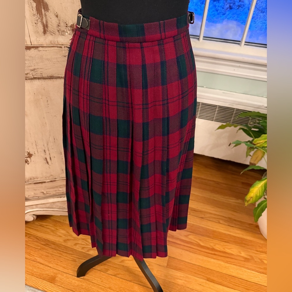 VTG Pure Wool Plaid Pleated Kilt/Wrap Skirt,leather Buckle and Pin. Preppy